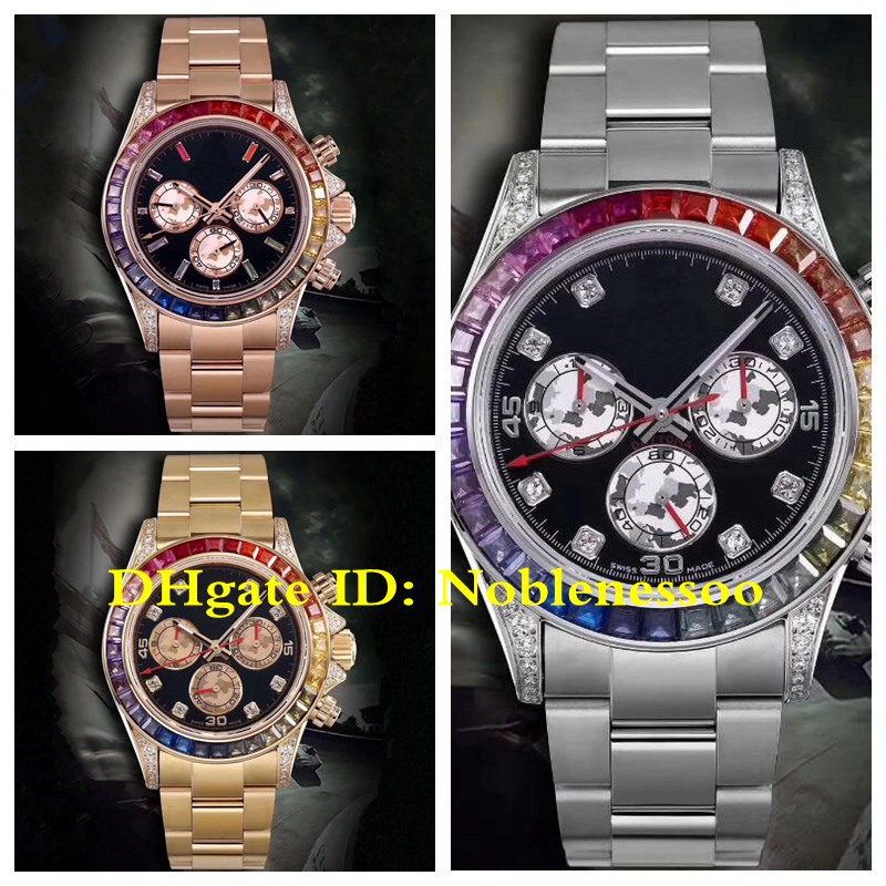 

3 Color Swiss Cal.4130 Mens 40mm Full Pave Diamond Chronograph Watch 116598 Yellow Gold Rose Gold 116595 116599 Cosmograph Men's Watches, Original box