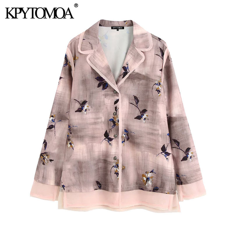 

KPYTOMOA Women 2020 Fashion Frayed Trims Printed Blouses Vintage Lapel Collar Long Sleeve Side Vents Female Shirts Chic Tops, As picture