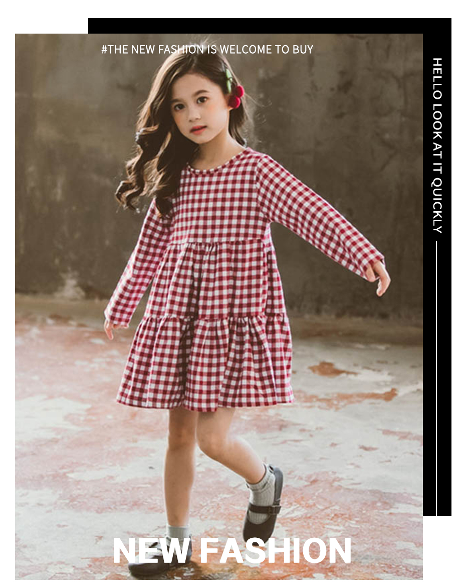 

Dress For Girls Fashion Plaid Girls Party Dress Kids O-Neck Kids Dress With Bow Autumn Casual Plaid Dresses For Girls School, Red