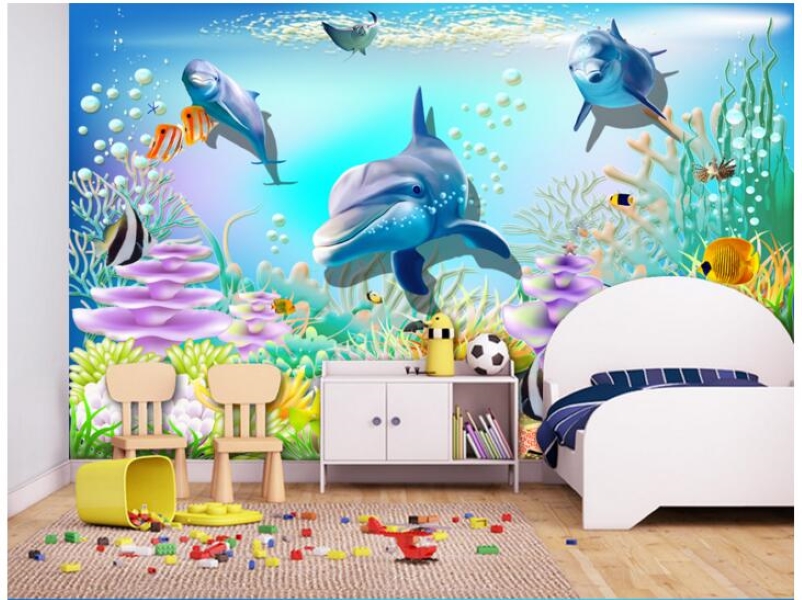 

3d wallpaper custom photo mural Sea world dolphin for kids room home decor painting background 3d wall murals wallpaper for living room, Non-woven