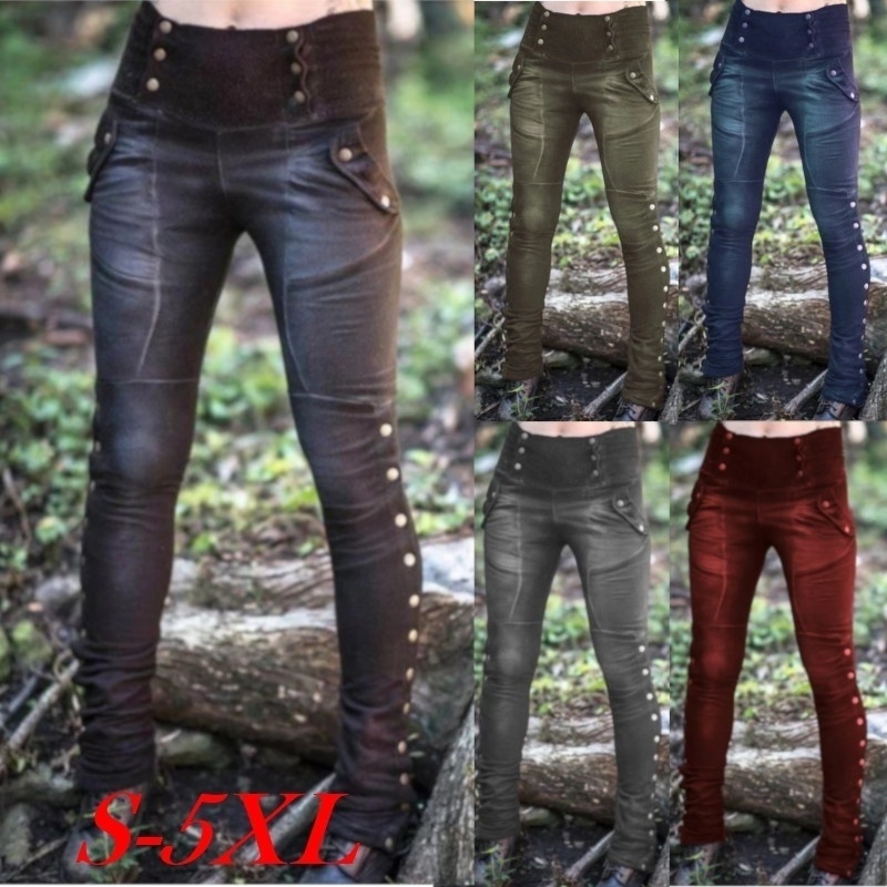 

COLDKER Women' Fashion Gothic Steampunk Sheath Buttoned High Waist Casual Pockets Solid Color Pants street wear, Black