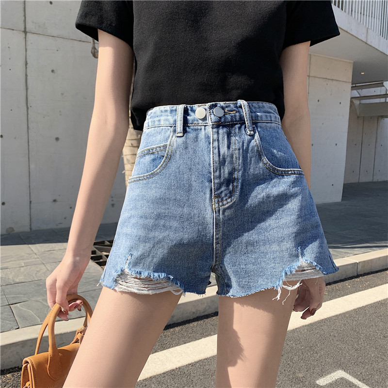 

Womens Fashion Shorts Summer High Waisted Ripped Hole Denim Shorts Jeans Korean Streetwear Casual Short Jeans, Blue