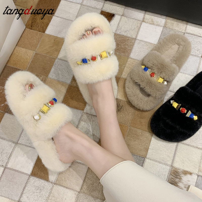 

Autumn Winter Women Slippers Zapatos De Mujer Crystal Warm Home Slipper Flat Shoes Women Slides Flip Flops Furry Fur Slippers, Khaki