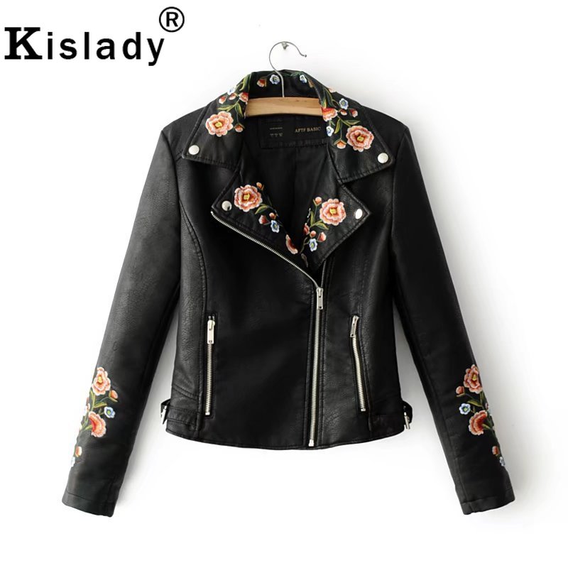 

2019 Fashion Women' Floral Embroidery Faux Leather Jacket Fall Black Wine Red Pink Biker Jacket Winter Gothic Luxury Coat