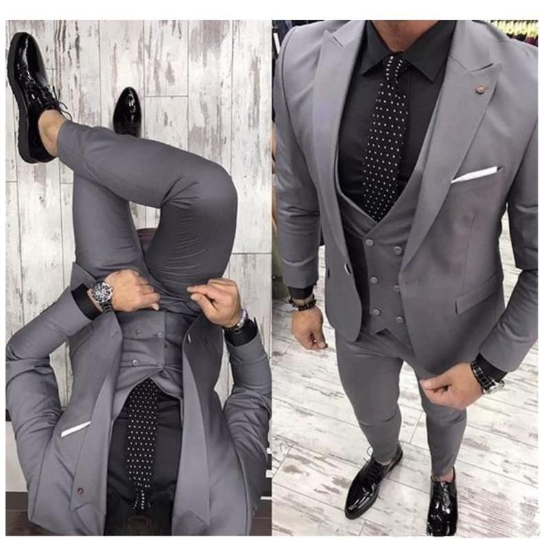 

Groom Tuxedos Groomsmen Peak Lapel Grey Custom Made Men Suits Wedding/Prom/Dinner Best Man Blazer ( Jacket+Pants+Vest+Tie ) M1418, Same as image