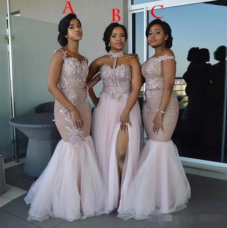 

2019 Modest African Long Bridesmaid Dresses Halter Tulle Lace Applique Tulle Side Split Mermaid Straps Plus Size Prom Party Gowns
