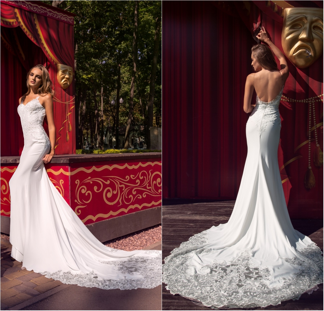 

2020 New Wedding Dresses Spaghetti Straps Lace Appliques Mermaid Bridal Gowns Backless Sweep Train Beach Wedding Dress Robe De Mariee, Ivory