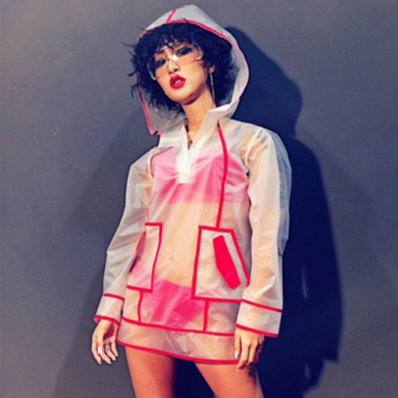 

Female Singer Dj Ds Stage Costume White Frosted Transparent Hooded Jacket Red Patent Leather Bikini Suit Rave Clothes DN5590, As picture