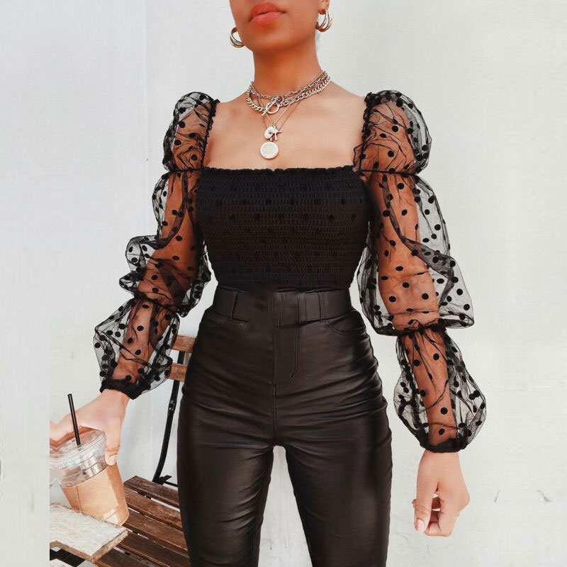 US Womens Mesh Sheer Puff Sleeve Vintage Polka Dot Shirt Ladies Loose Top Blouse