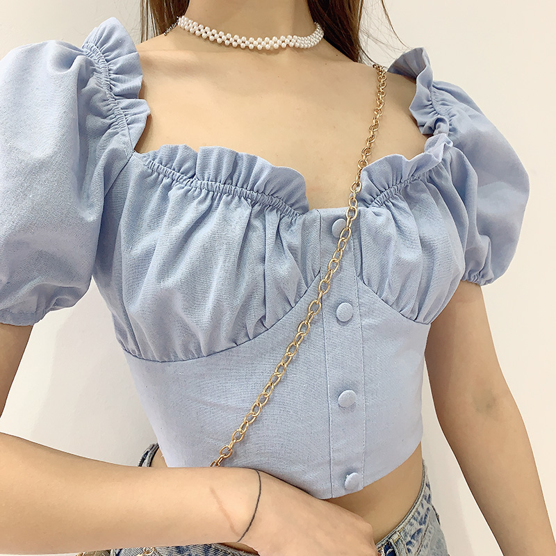 

Korea 2020 Square Collar Puff Sleeve Short Shirt Female Temperament Top Solid Color Blouse Tops BQP4, 070 white