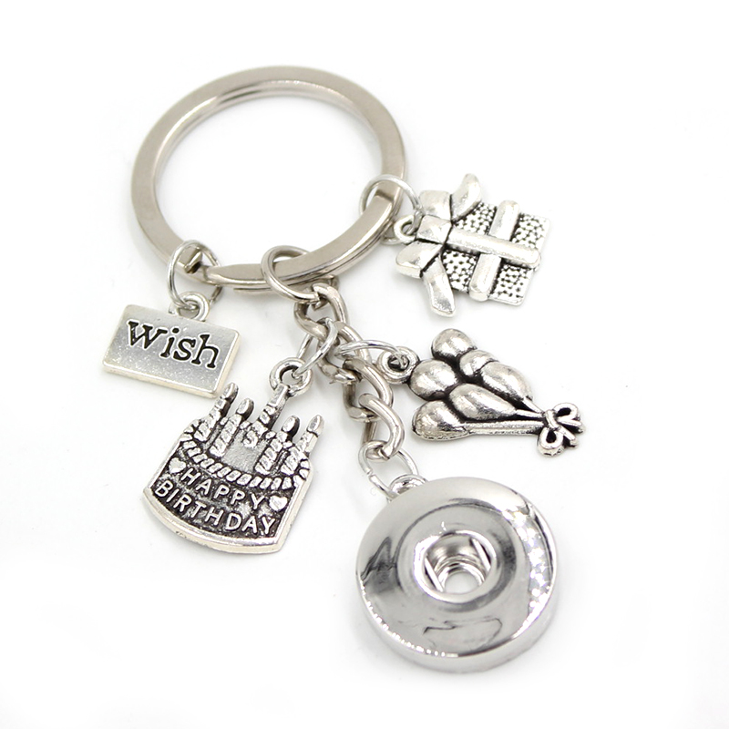 New Arrival 18mm Snap Jewelry Birthday Key Chain Handbag Charm Balloon Happy Birthday Gift Snap Keychain Key Ring Gifts for Men Women