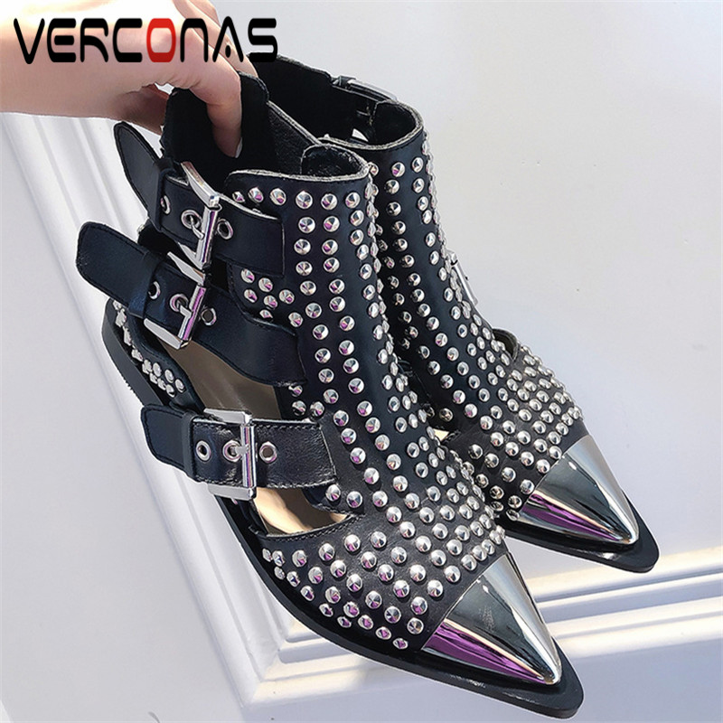 

VERCONAS 2020 Woman Boots Woman Pumps Genuine Leather New Arrival Riverts Metal Decoration Pointed Toe Square Heel Shoes, Black