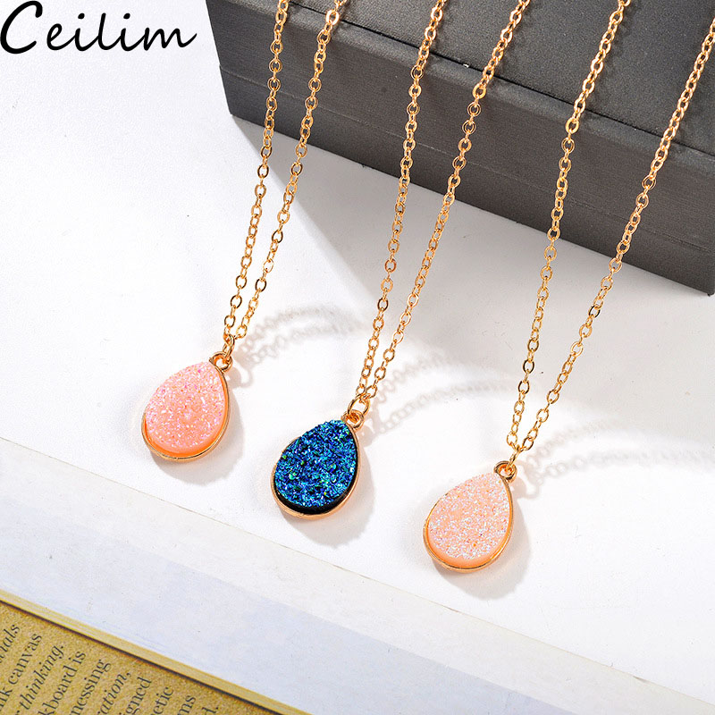 

New Fashion Gold Teardrop Resin Druzy Necklace For Women Fashion Statement Stone Choker Necklace Pendant Jewelry Wholesale