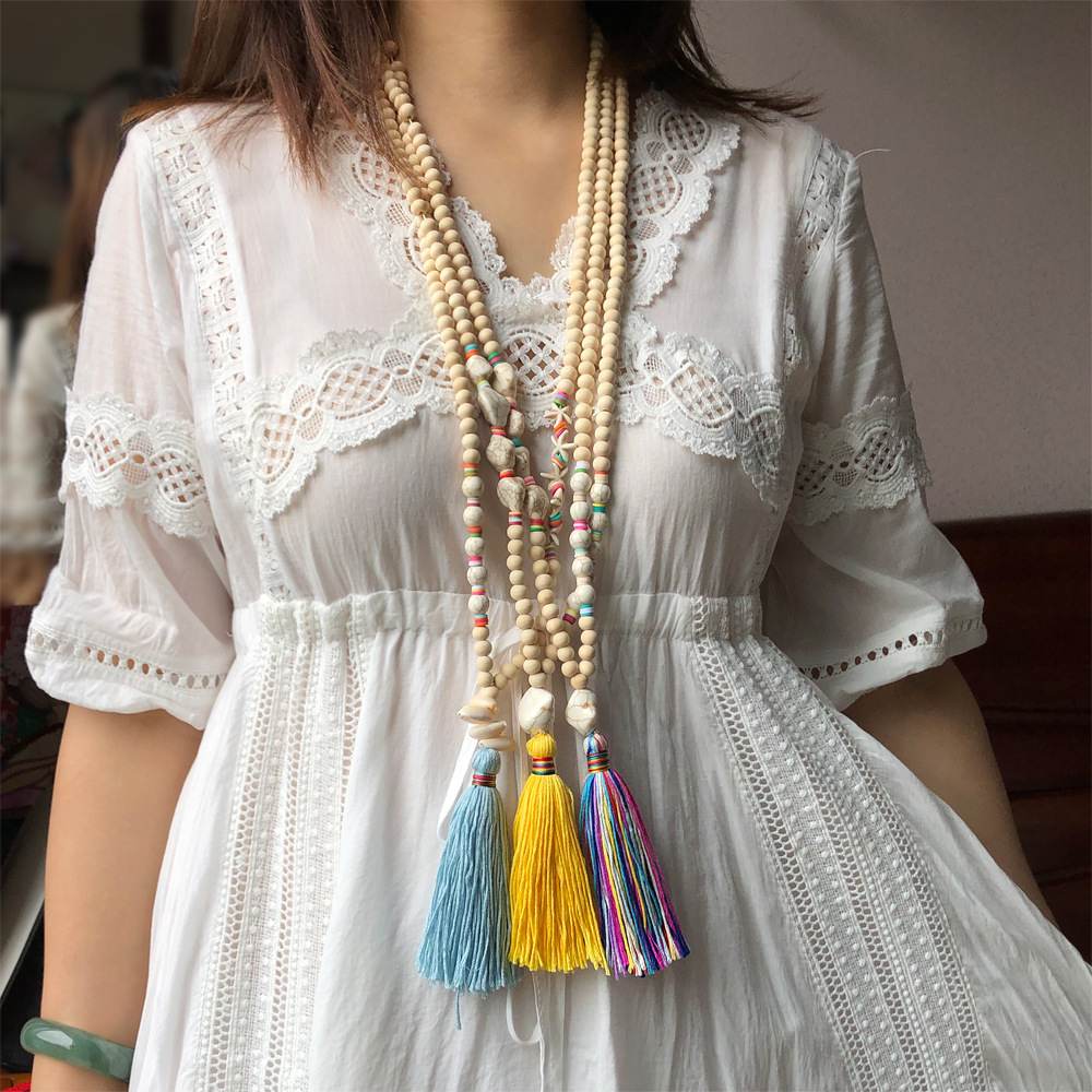 

Colorful tassels white wooden beads long necklace women Bohemia special-shaped turquoise soft pottery beads sweater chain pendant, Ivory