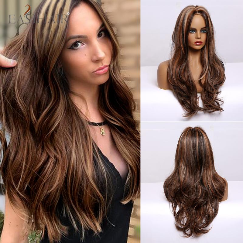 

EASIHAIR Dark Brown Long Wave Blonde Highlight Wigs Middle Part Cosplay Heat Resistant Synthetic Wigs Female for Women Afo, Lc277-2
