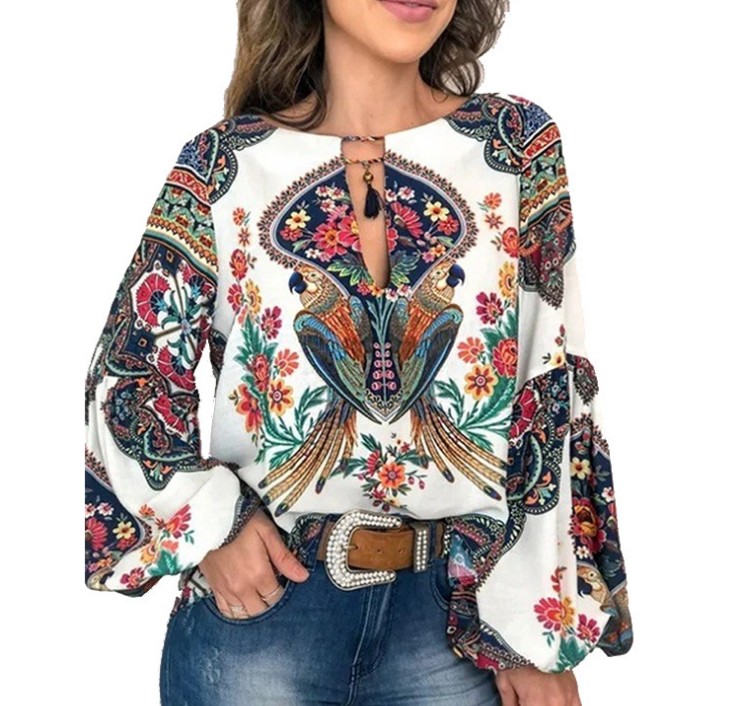 

Women Blouse Summer Tops Casual Floral Print Blusa Lantern Sleeve Top Printed Loose Pullover O-Neck Top Blouse, Yellow