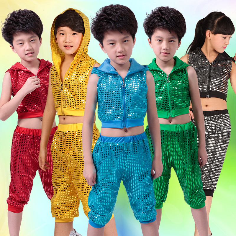 

5 Colors New Children Performance Clothes Sequins Hip Hop Jazz Dance Costume For Kids Hooded Tops And Pants Street Dance Suit, Red