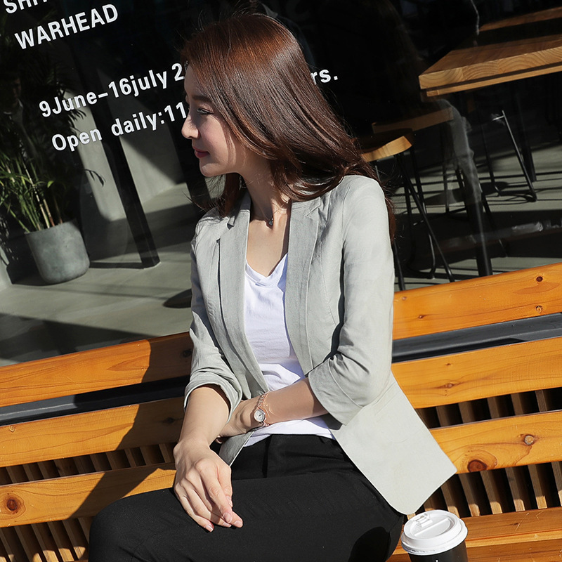 

2019 New Spring Korean Leisure Suit Slim Women OL Office Lady Cotton Linen Blazer Jacket, Gray