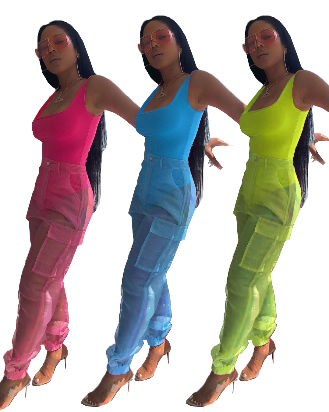 

Women's Sexy Bodycon Sleeveless Tank Bodysuit 2 Piece Outfits Letter See Through Long Pants Set Swimsuit Plus Size, White