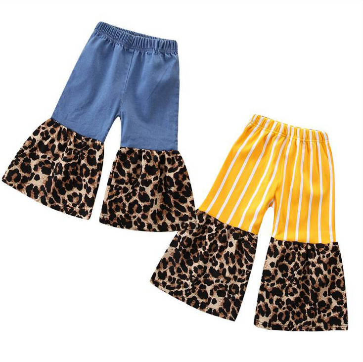 

Baby Girls Jeans Leopard Patchwork Flared Pants Toddler Wide Leg Pants Bell-bottoms Blue Denim Child Trousers Designer Baby Clothing D6328, Mixed colors;random delivery