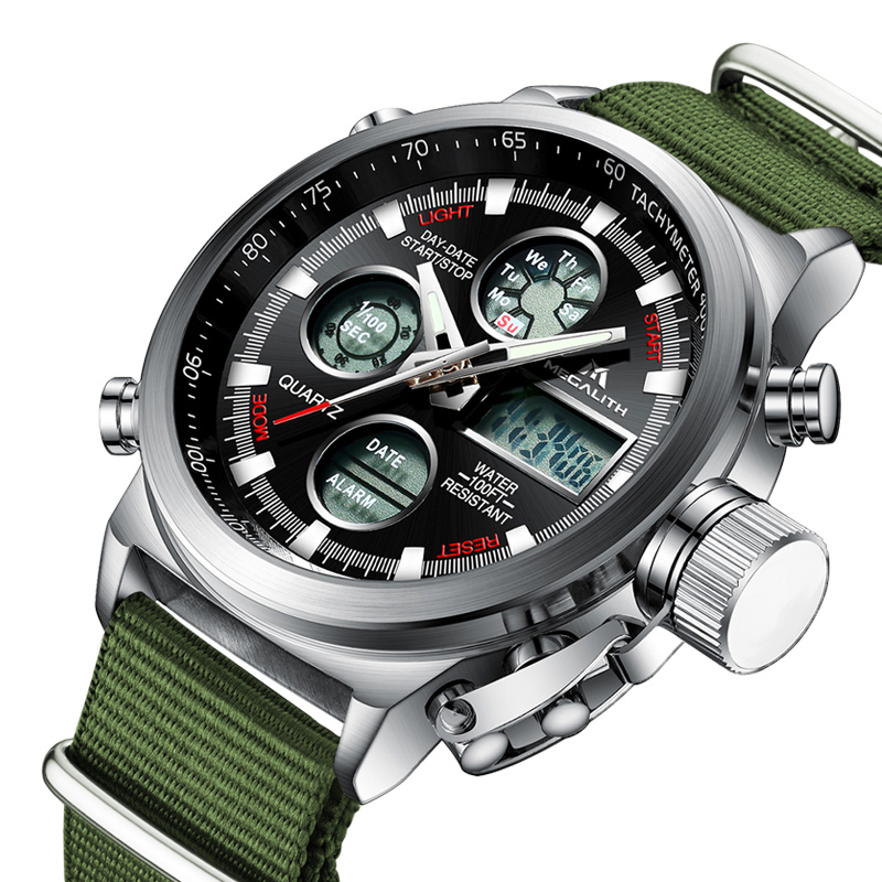 

MEGALITH Fashion Watch Men LED Digital Sports Watch Waterproof Green Nylon Strap Chronograph Alarm Male Reloj Hombre, White green