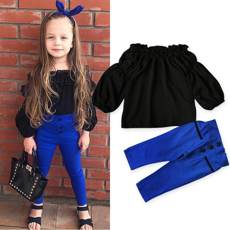 2019 Baby Girls Off Shoulder Outfits set 2018 Autumn Spring Clothes Kid Shirt T-shirt+Pants Cotton Clothes Costume Set girls clothing-image-464388104