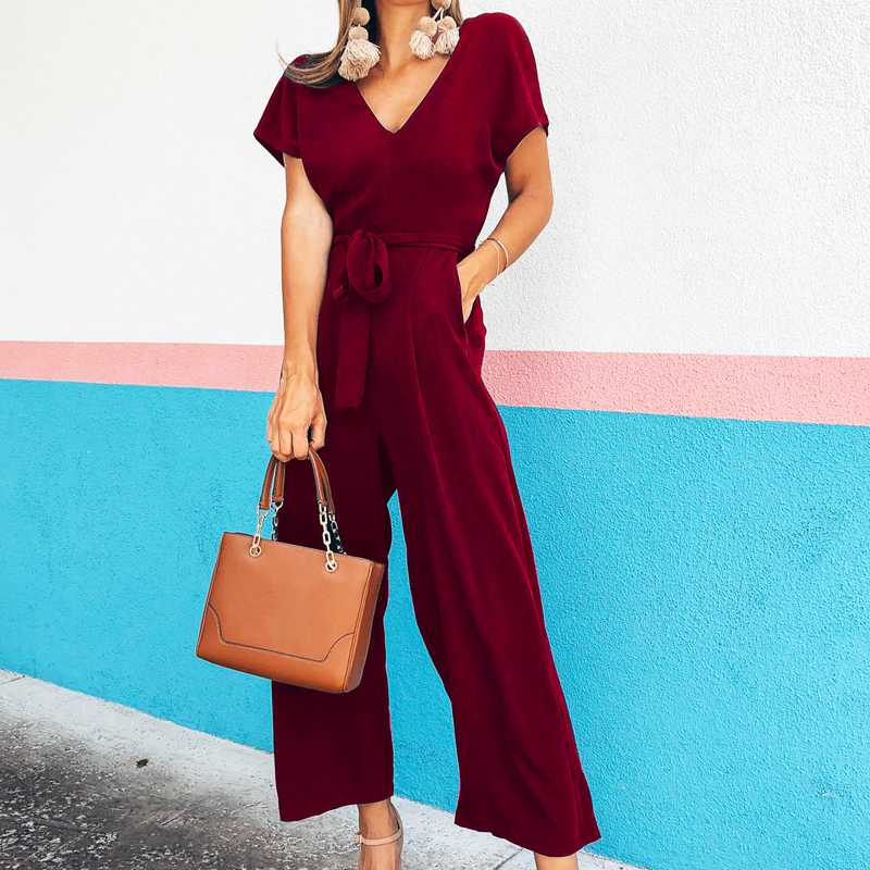 

Bodysuit Casual V neck rompers womens jumpsuit Short sleeve sashes solid summer playsuit Female loose plus size ladies overalls, Black