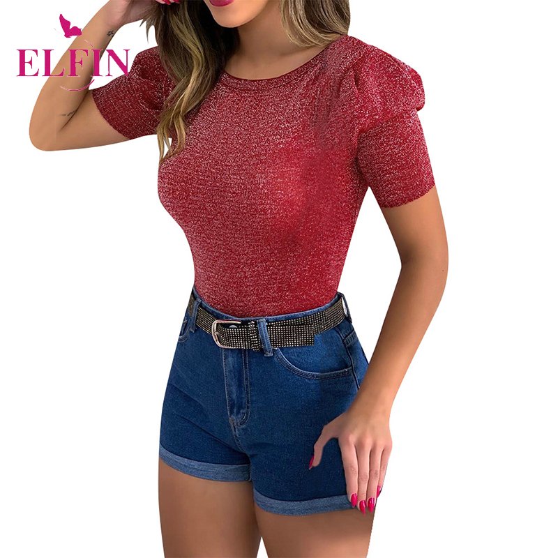 

Summer Women Clothes O Neck Slim Glitter Puff Short Sleeve Knitted T-shirt Femme O Neck Casual Korean Bottoming Tops Tee SJ5735R, Black