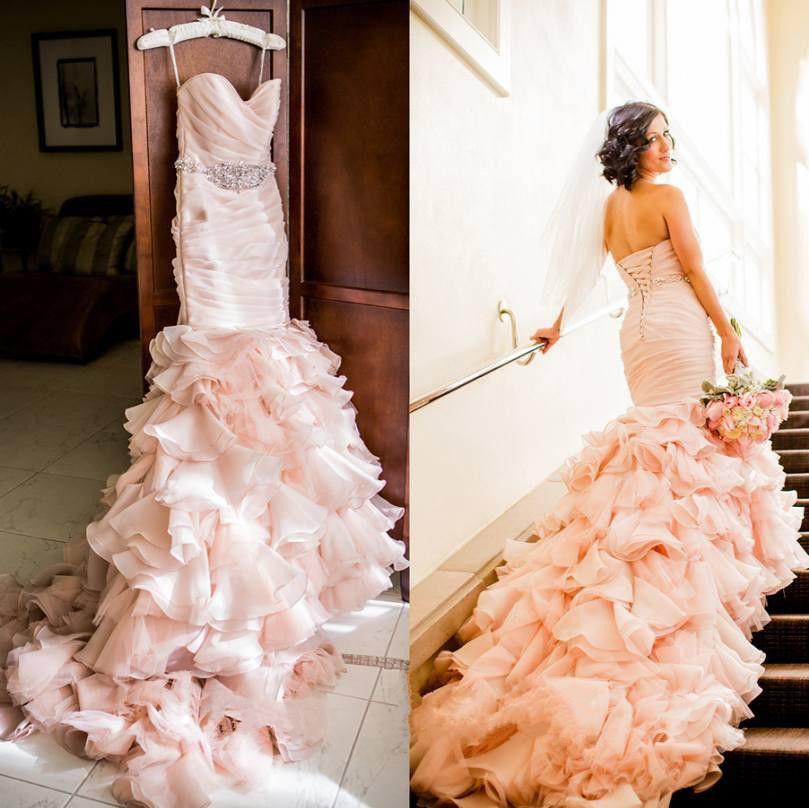 

Blush Pleated Mermaid Wedding Dresses With Crystals Beaded Sash Sweetheart Neck Lace Up Back Tiered Sweep Train Organza Bridal Gown, Pink