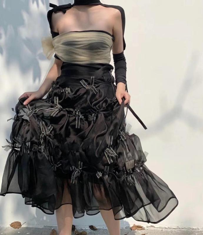 

full bowtie Half skirts fairy tale lolita high waist balck a line skirts, As pic