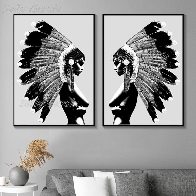 

Sexy Girl Black White Feather Poster Minimalist Native Painting Nordic Wall Art Canvas Print Picture Living Room Decor