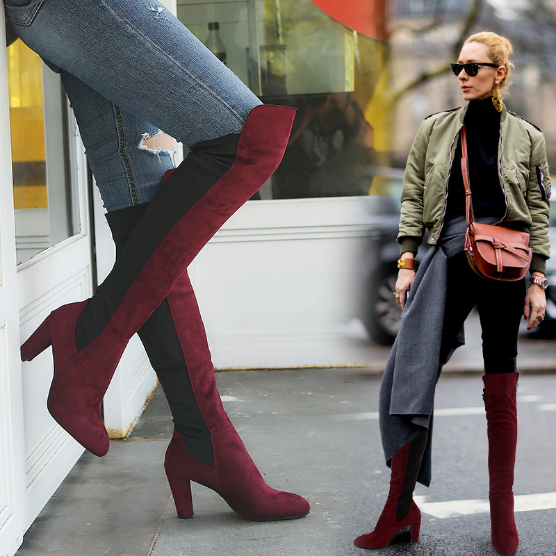 

women knee high boots thigh fashion High heels Casual Comfort party woman winter boots, Black