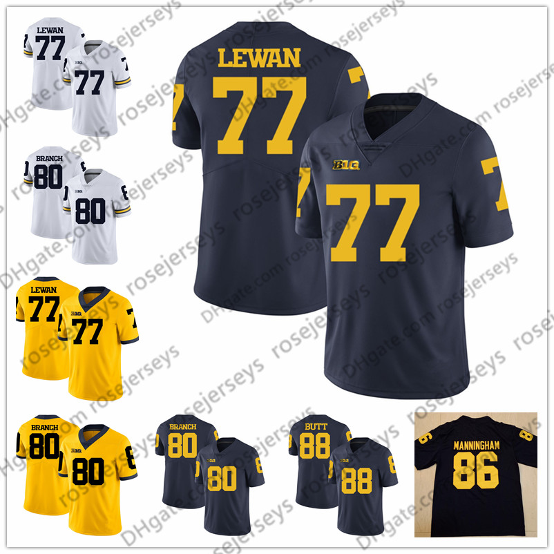 

2019 Michigan Wolverines #77 Taylor Lewan Jake Long 86 Mario Manningham 88 Jake Butt Retired NCAA Football Pink White Blue Yellow Jersey, Navy blue