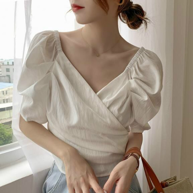 

5 Colors Chiffon Blouse Women 2020 V Neck Puff Sleeve Shirt Korean Blouse Top Summer New Arrival Tops Women Office Ladies Shirt, Black