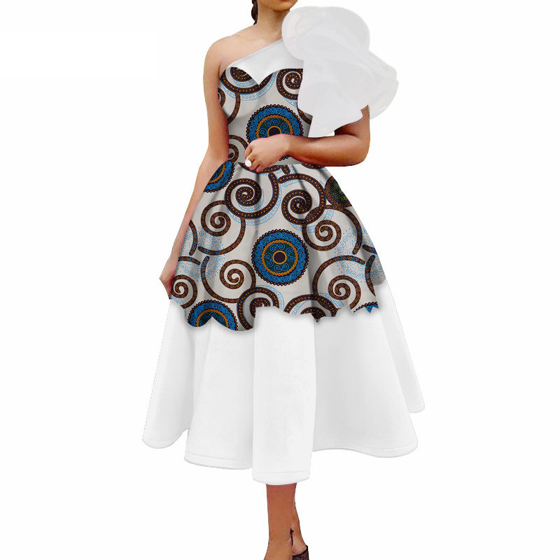 

New African Print Dresses for Women Cascading Ruffle One-Shoulder A-line Yarn Dress Vestidos Bazin Riche African Clothing WY3353