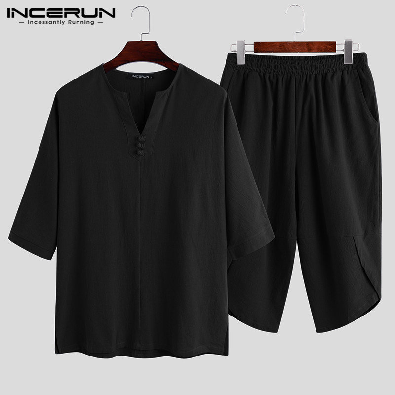 

INCERUN Chinese Style Men Sets Half Sleeve Solid Color Cotton Vintage Calf Length Pants Streetwear Summer Casual Men Suits 2020, Black
