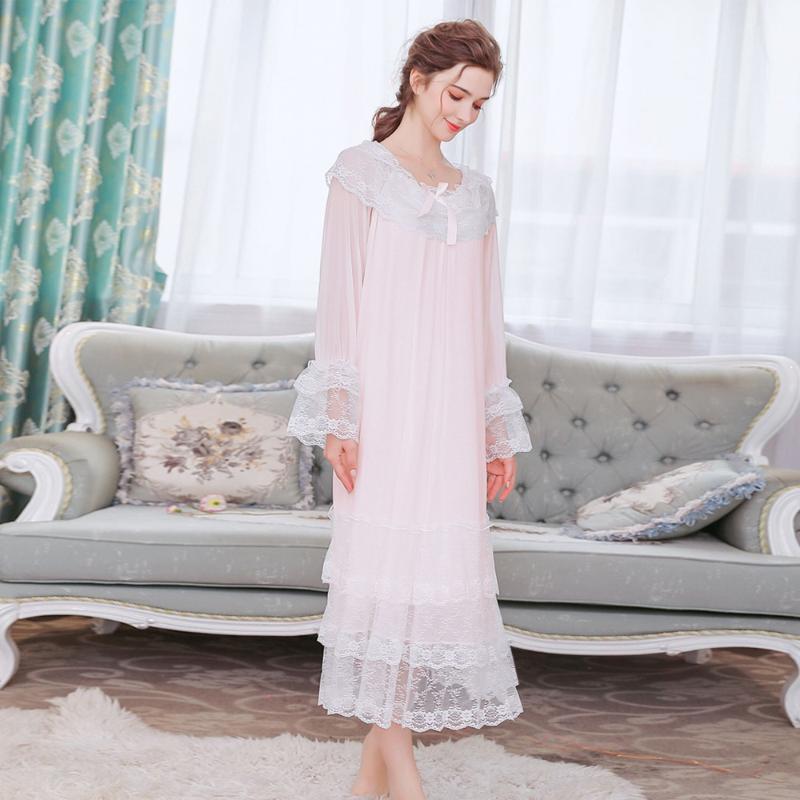 

Lace Long Sleeve Women Pajamas Plus Size Vintage Night Home wear Homedress DZA168
