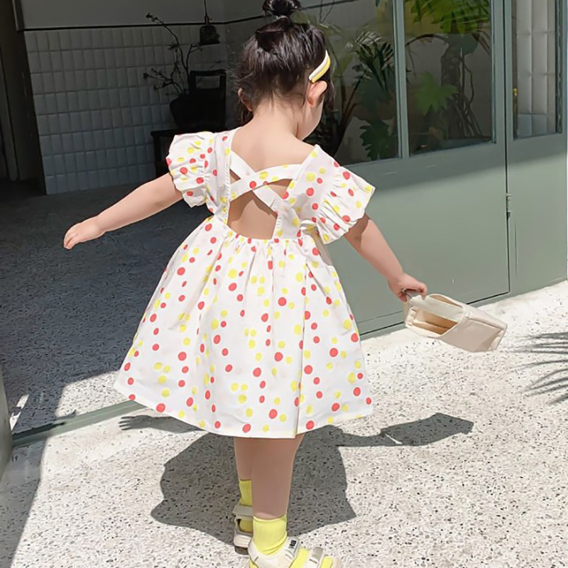 

Summer 2020 Cotton Children's Polka Dot Puff Sleeve O Neck Backless Girls Holiday Dress Kids Casual Clothes vestidos, Red