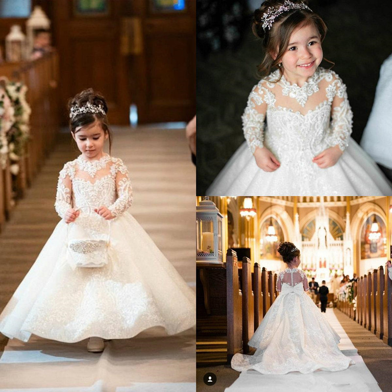 

Long Sleeve Flower Girl Dresses Lace Appliques Sequined Jewel Sweep Train First Communion Dress with Beads Girls Pageant Gowns 87, Blue