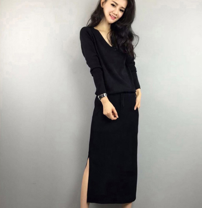 

JS537J-2019 Autumn and winter new fashion solid color show thin dress, Black