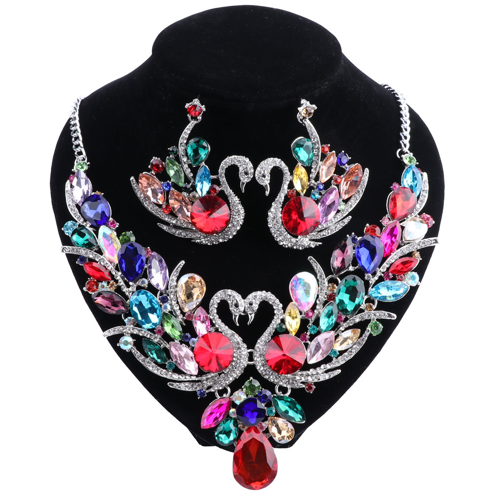 

Trendy Multicolor Cubic Zirconia Jewelry Sets For Women Best Gifts 18 Colors Crystal Swan Earring And Necklace Sets, Silver