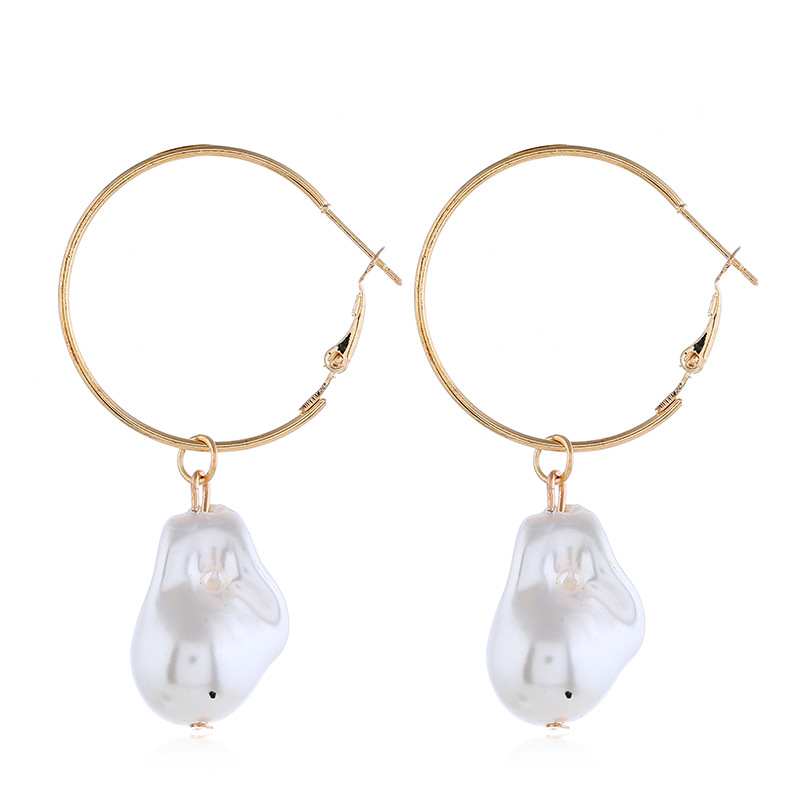 

2019 Personality Irregular Imitation Pearl Pendant Hoop Earrings Fashion Gold Color Big Round Circle Earring for Women Jewelry