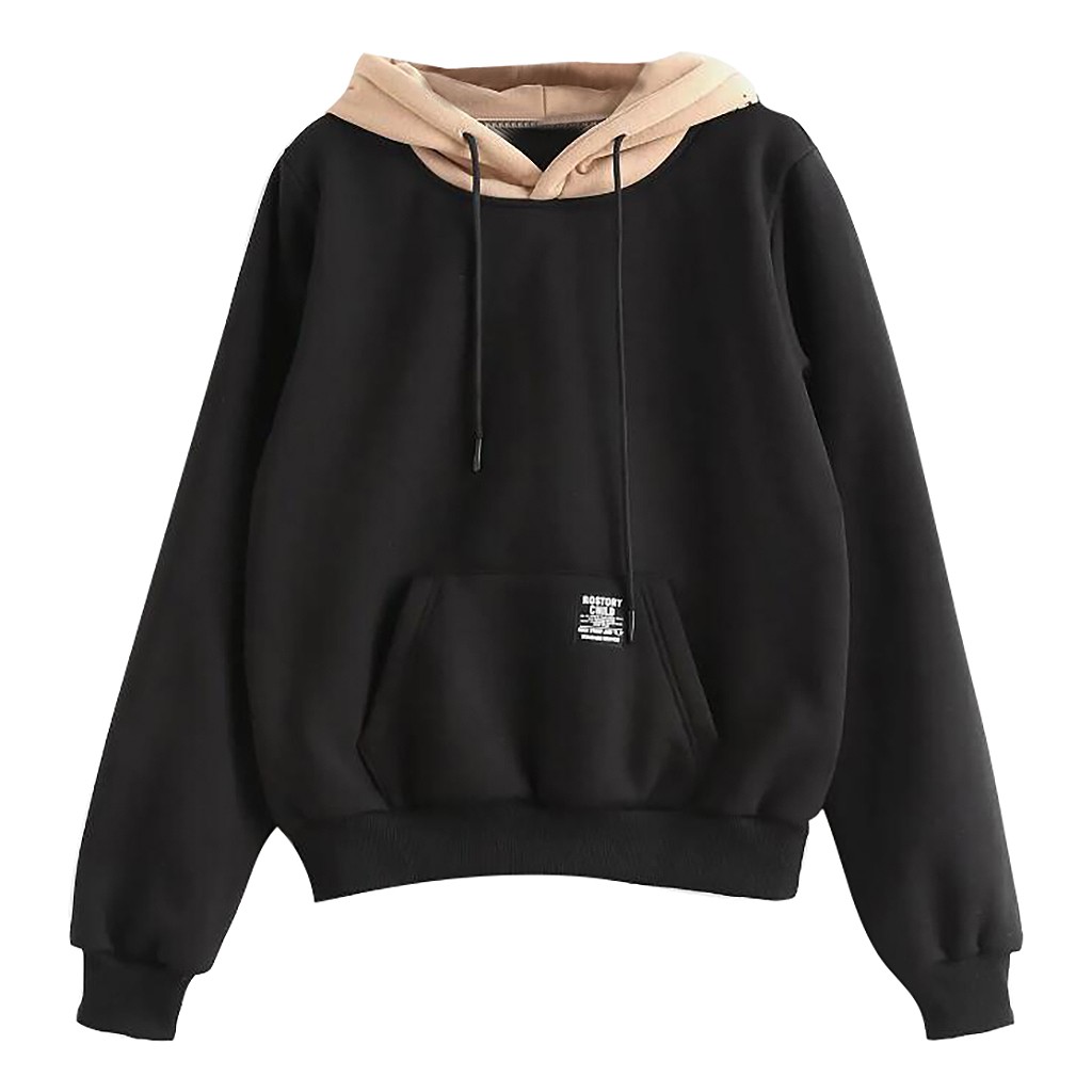 

2019 New Women Hoodies Sweatshirts Women Long Sleeve Pocket Patchwork Pullover Strappy Hoodie Sweatshirt Blouse Top, Black