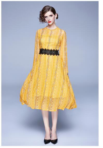

Crochet cutout lace long-sleeved dress, Yellow