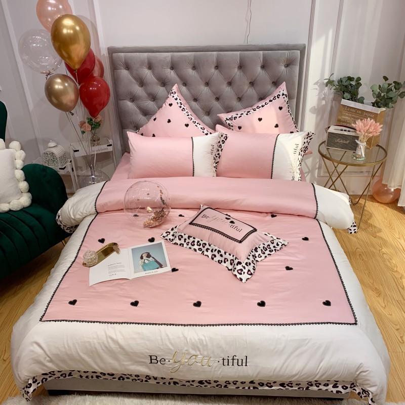 

Princess Style Pink Lady Lace Embroidery Egyptian Cotton Bedding Set King Queen Jpcs Duvet Cover Bed Sheet parure de lit, Bedding set 1