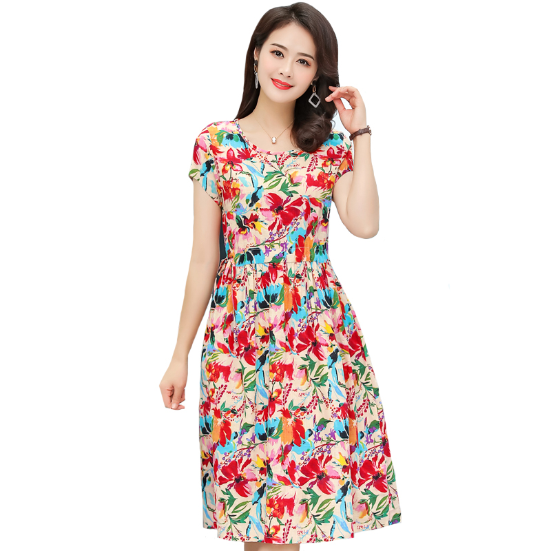 

Summer Dress Women Plus Size 5XL 2020 Loose Casual O-Neck Middle-aged Mother Beach Dress Short Sleeve Long Floral Print Dresses