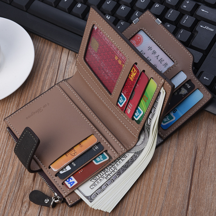 

2020 New Business Men Wallet Short Vertical Male Coin Purse multi-function card Holders Bag zipper Buckle Triangle Folding, B grey