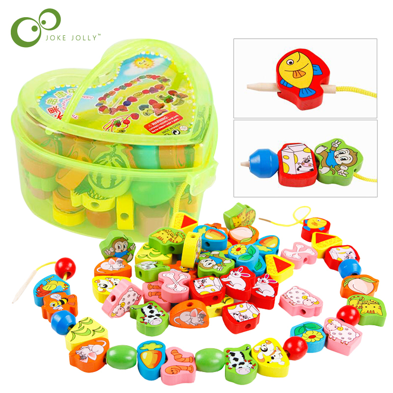 

26Pcs/set Wholesale Kids Baby Cartoon Animals Fruit Block Wooden Stringing Threading Beads Game Educationa Toy