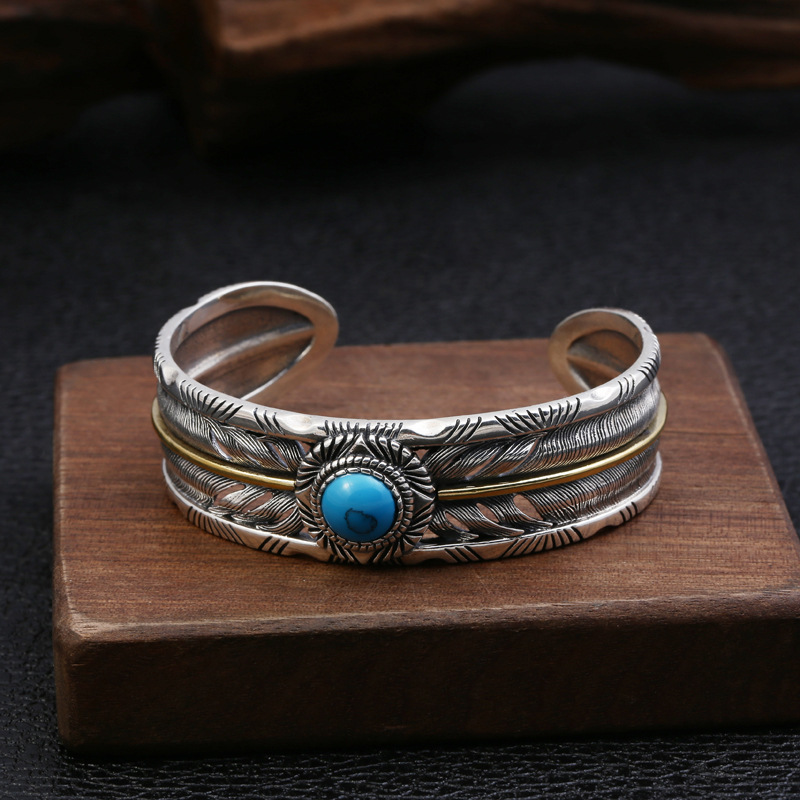 Personalized Brand new 925 sterling silver jewelry vintage Japanese antique silver hand-made designer feather hallow out bangle with stone-image-541800730