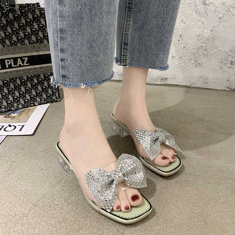 

Crystal Bow Clear Heel Slippers Women Pvc Transparent Open Toe Sandals Summer Sweet Chunky Heel Slippers Women Beige Green